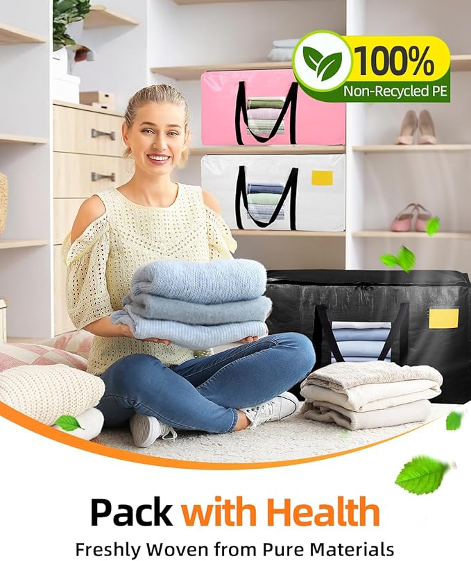 Extra Large Moving Bags, 6 Pack Heavy Duty Storage Bags Boxes Bins Totes with Hnadles Zippers Visible Window for Clothes College Dorm Travel, Black