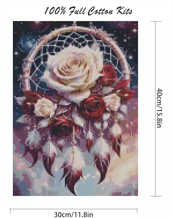 Dream Catcher Counted Cross Stitch Kits for Adults, Flowers Stamped Cross Stitch Kits for Beginners, Needlepoint Cross-Stitch Patterns Embroidery Kits Arts and Crafts for Home Decor 12×16 Inch