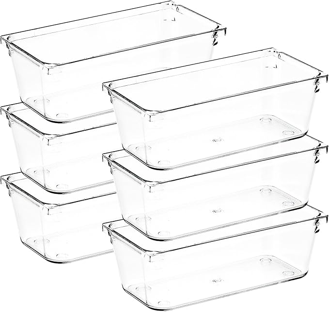 6 Pack Drawer Organizer - 3" X 6" Clear Acrylic Storage Bins with Non-Slip Pads, Versatile Desk Tray for Makeup, Jewelry, Kitchen, Bathroom, and Office Organization