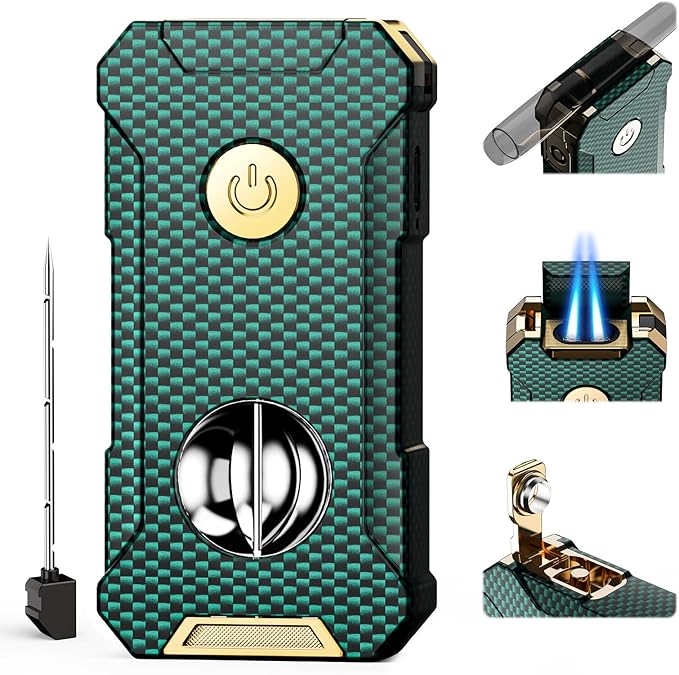 5-in-1 Torch Lighter with Cutter, Punch, Holder, and Draw Enhancer Tool, Adjustable Dual Jet Flames, Trendy Gift for Men, Refillable Butane Lighter, Rechargeable Lighters for Candle, Travel Outdoors