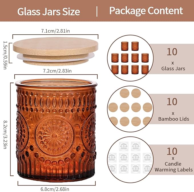 DARJEN 10 Pack Amber Candle Jars for Making Candles- 7.5 OZ Empty Glass Candle Making Jars with Bamboo Lids and Labels, Candle Making Supplies Candle Containers for Home DIY