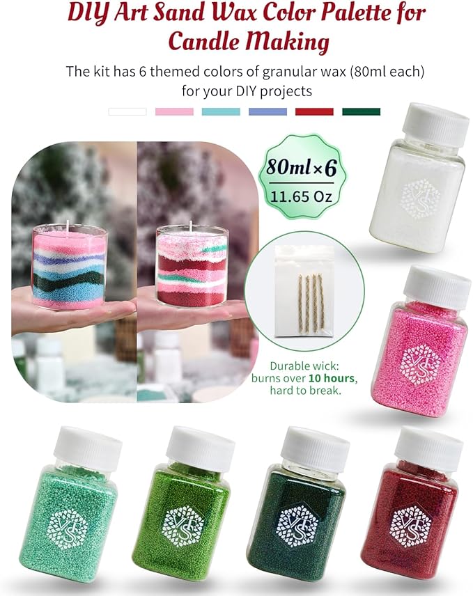 DIY Pearled Candle Sand Kit -11 Oz Sand Wax Beads (6 Colors), 2x10ml Scented Essential Oils, 4 Reusable Wicks, Glass Cup & Spoon, Handmade Candle Craft Gift Set for Women Mom Girlfriend