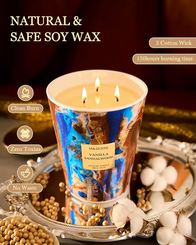 M&SENSE Large Soy Vanilla Sandalwood Scented Candle, 35oz 150 Hours 3-Wick Non-Toxic Candles, Warm Cozy Housewarming Gift, Mothers Day Decor for Home Relaxation