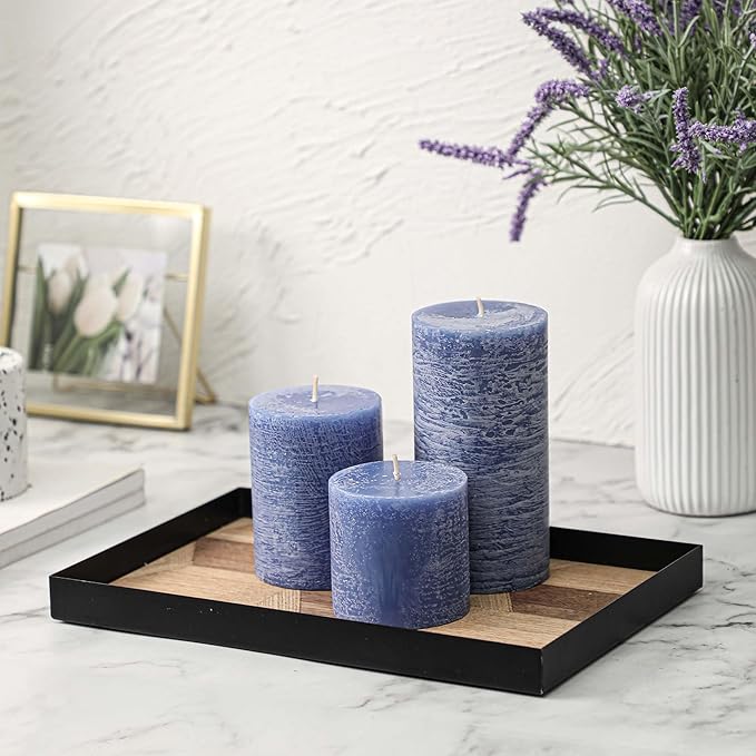 3x6 Inch Blue Pillar Candles Set of 3 - Hand-Poured Unscented Candles, Long Clean Burning, Large Big Candle, Smokeless Dripless Candle for Dinner Table, Wedding, Home, Bathroom, Rustic Decor