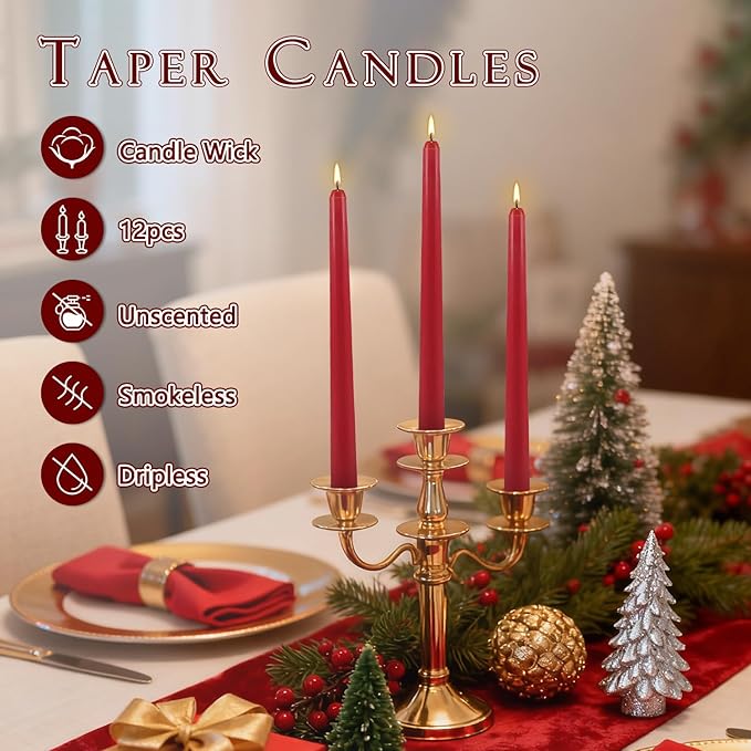 12Pack Red Taper Candles-10 inch Unscented and Dripless Dinner Candles, 8-9 Hours Burn Time, Hand Poured Tall Candlesticks-Ideal for Home Decor Weddings, Dinner Parties, Christmas Candlesticks