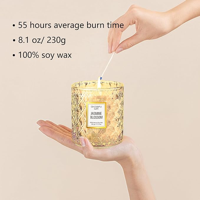 Chloefu LAN Jasmine Blossom Scented Candle, Luxury Soy Candles, 55 Hours Slow Burning, Non Toxic, Gift-Ready for Hosts & Gatherings, Farmhouses Home Decor, Long Lasting for Bath & Office, 8.1oz