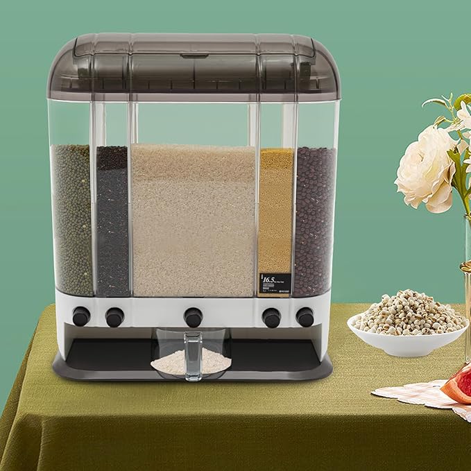 5 Grid 33lbs Dry Grain and Rice Cereal Dispenser Grain Storage Container Dispenser with Lid, Beans Dispenser