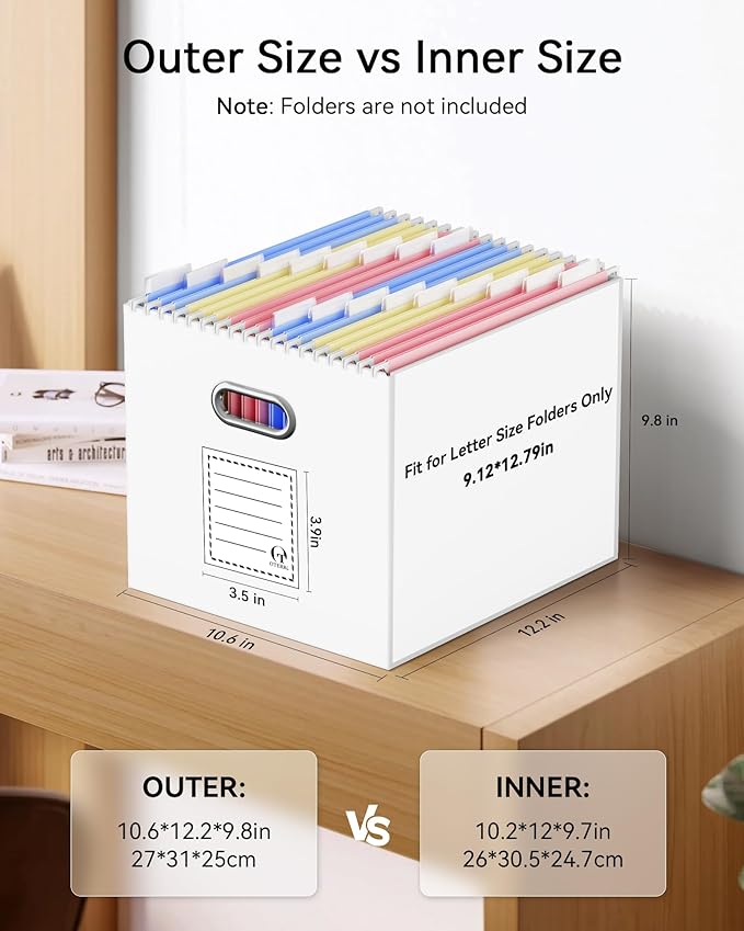 Oterri Large File Organizer Box, Portable Collapsible Cardboard File Folder Organizer with Handle for Letter Size Hanging Files, Document Storage Box for Home Office & Classroom (2 Packs, White)