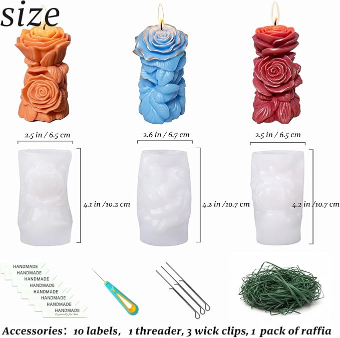 3 PCS Rose Pillar Candle Molds Silicone, 3D Flower Shape for Epoxy Resin, Concrete, Wax - DIY Craft Making Kit for Unique Wedding Gift, Home Decor, Valentine's Day