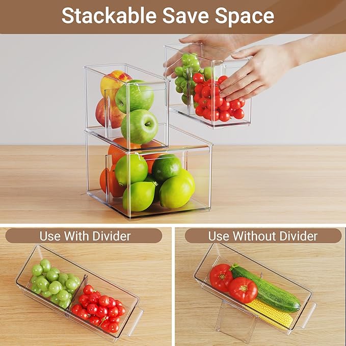 Clear Plastic Storage Bins with Dividers for Fridge Pantry Organizers and Storage Containers, 3 Pack Acrylic Stackable Sturdy Storage Boxes for Home Edit and Cabinet Organizers C6-1