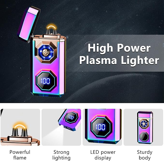 SKRFIRE Arc Lighter Dual Plasma with Type-C Fast Charge & LED Power Display, Windproof Electric Lighter with Flashlight for Camping Outdoor Home Use (Multi-Color)