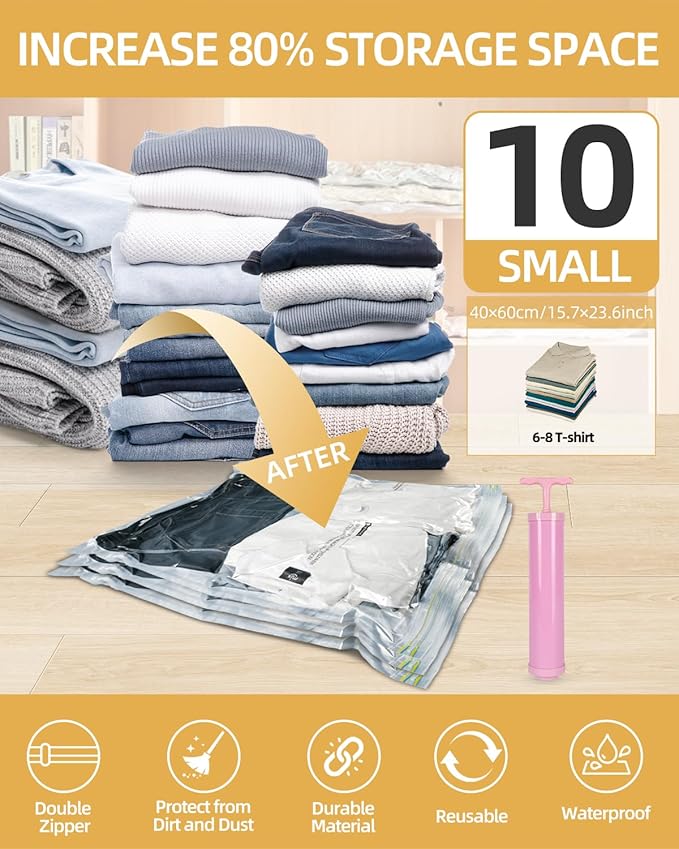 Vacuum Storage Bags for moving, Vacuum Seal Bags for Memory Foam, Latex, Clothing & Bedding, Space Saver Bags for Organization and Storage (Small)