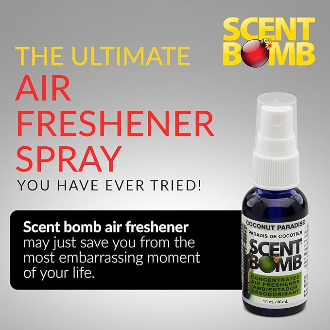 Scent Bomb Air Freshener Spray, Long-Lasting Odor Eliminator - Effective Deodorizer for Home & Car, Fresh Room Spray for Kitchen, Bathroom & Smell Neutralizer - 1 oz Pack of 4, Coconut Paradise