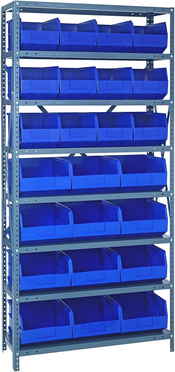 Quantum Storage Systems 2475-483485BL Shelving Unit, 24" D x 36" L x 75" H, Carbon Steel, Galvanized with Blue Bins