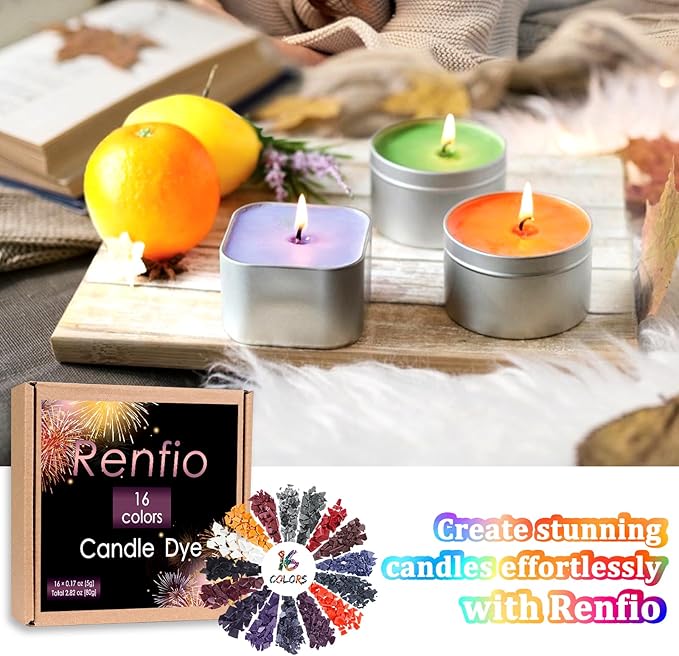 Renfio 16 Colors Candle Dye - 0.17oz/5g Each for Soy Wax, 54.4b Wax Making Accessories - Highly Concentrated Coloring Chips for Candle Making Supplies