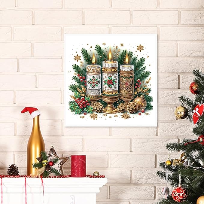 5D Christmas Candles Special Shape Diamond Art Kits for Beginners, Christmas Winter Theme Diamonds Painting Kits for Adults,DIY Crystal Rhinestones Diamond Paintings for Home Wall Decor 12×12Inch