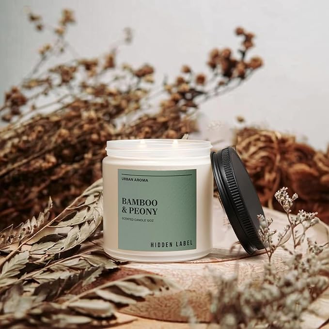 Bamboo & Peony Scented Candle,|12oz Natural Soy Candle, 70-Hour Clean Burning, Japandi Home Décor, Mindful Aromatherapy for Focus & Relaxation, Elegant Gift for Housewarming