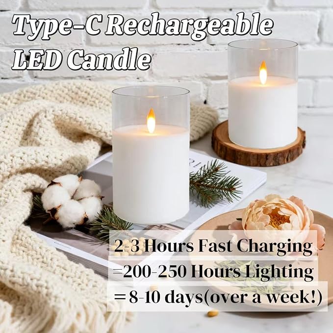 JMTONE 200 Hours Rechargeable Flickering Flameless Candles, Rechargeable Battery LED Glass Pillar Candle with Remote and Timer, Real Wax Clear Color for Living Room, Home Décor, Mother’s Day Gifts