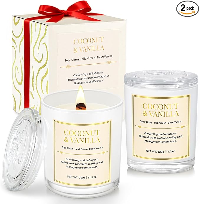 2 Pack Wood Wick Coconut & Vanilla Candle Gift Set – Long Lasting Soy Wax Candles with Gift Boxes, Holiday Aromatherapy Candles for Home Decor & Holiday Gifts