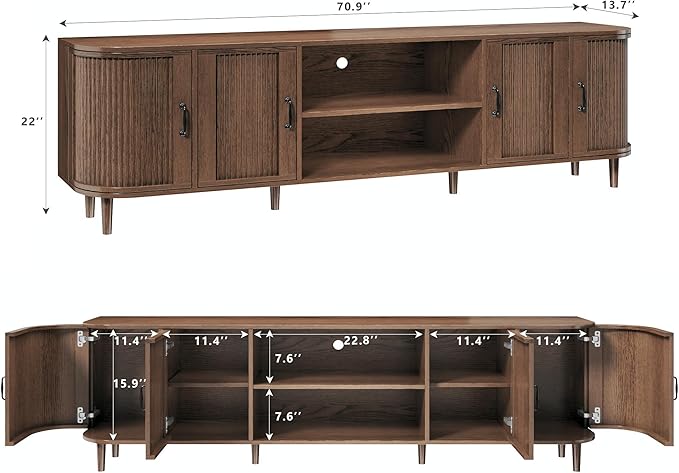 HUAHUU TV Stand for 75 inch TV, Mid Century Modern Entertainment Center for 55/60/65/75 inch TV, with Fluted Door Cabinets & Open Shelves, TV Consoles for Living Room, Walnut