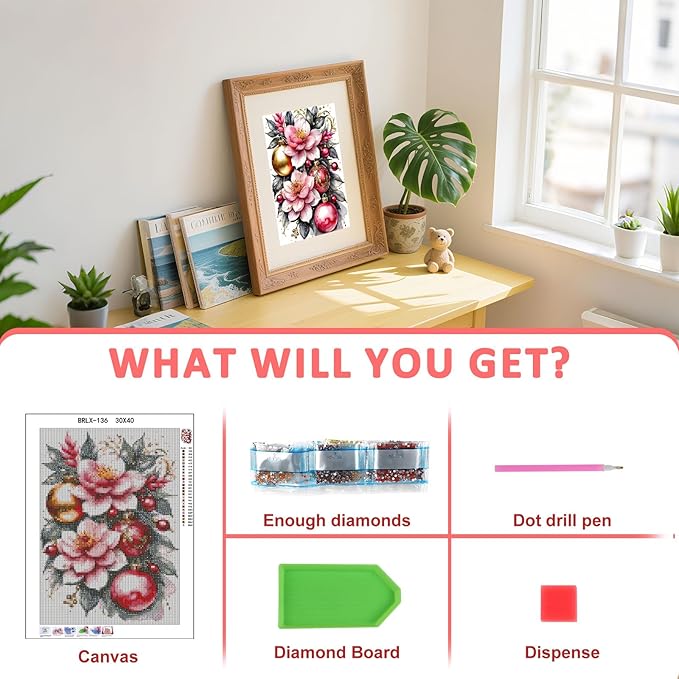 Skyboda Flower Diamond Art Kits for Adults Beginners, Christmas Bells Diamond Painting Kits for Adults,5D Full Drill DIY Diamond Dot Gem Art Kit Wall Home Decor Arts Craft 12x16 inch