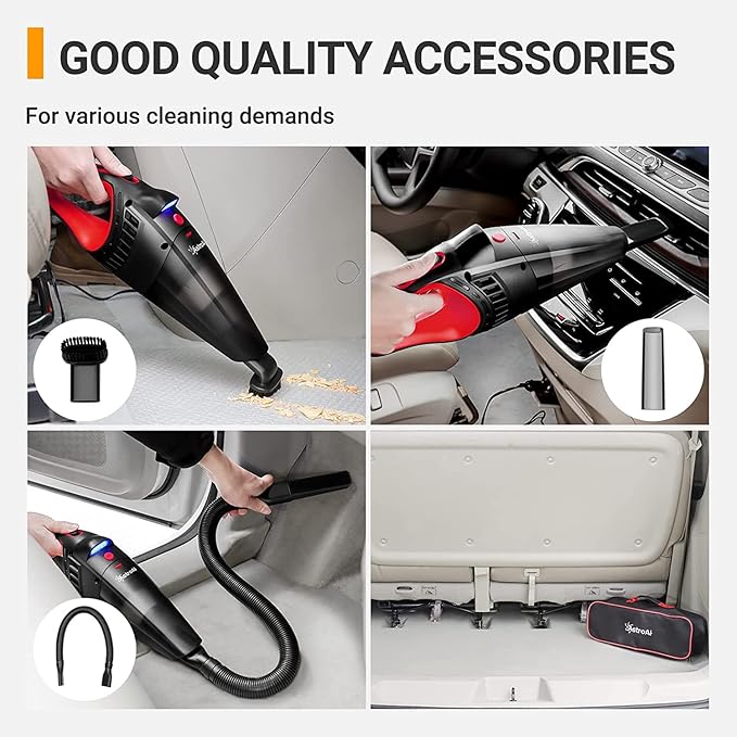 AstroAI Car Vacuum Cleaner, Portable Handheld Vacuum and Car Accessories, 16.4 Ft Cord-12V DC Power, LED Light, w/3 Attachments，Auto Accessories Kit for Interior Detailing for Quick Cleaning (Red)