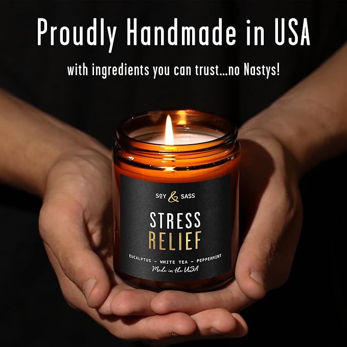 Stress Relief Candle I Relaxing Scented Black Candles for Men or Women w/Spearmint, White Tea & Eucalyptus Candle - Infused w/Essential Oils | Long 50Hr Burn,9oz I Non Toxic Aromatherapy I Made in USA