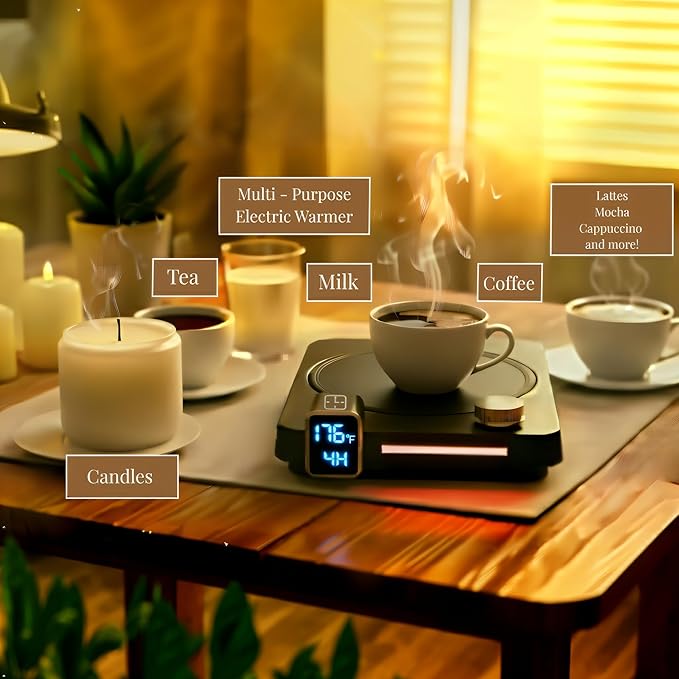 Coffee Mug Warmer for Desk, 40W Electric Cup Warmer with Digital Display, 9 Temp Settings, 1–12H Timer & Auto On/Off, LED Display Candle & Beverage Warmer Plate.