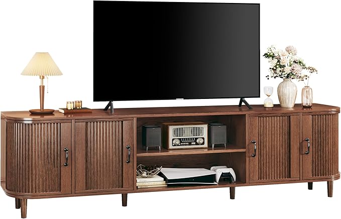 HUAHUU TV Stand for 75 inch TV, Mid Century Modern Entertainment Center for 55/60/65/75 inch TV, with Fluted Door Cabinets & Open Shelves, TV Consoles for Living Room, Walnut