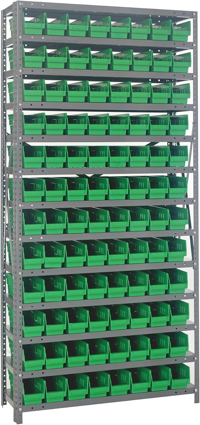 Quantum Storage Systems 1275-101GN Steel Shelving Unit with 4" Shelf Bins, 12" D x 36" W x 75" H, Green