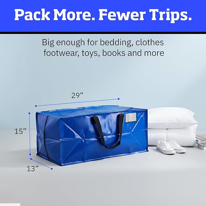 DURASACK Heavy Duty Moving Bag Storage Container Duffle Bag with Zipper, Reinforced Carry Straps and Backpack Straps, Made of Rugged Woven Polypropylene, Pack of 4, Blue