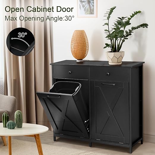 Clevich Double Tilt Out Trash Cabinet 20 Gal, Kitchen Wooden Recycling Holder With Drawers & Tabletop, Dog-Proof Bin, Trash Bins NOT Included (Black)