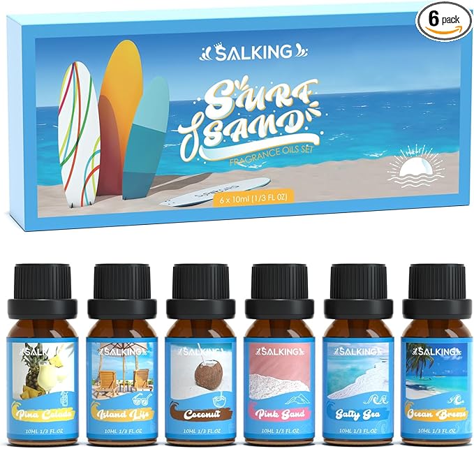 SALKING Surf & Sand Fragrance Oils, Premium Essential Oil for Diffuser, Scented Oil Gift Set for Soap Candle Making - Ocean Breeze, Salty Sea, Pink Sand, Coconut, Island Life, Pina Colada