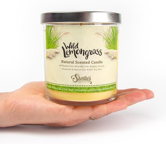 Wild Lemongrass Scented Natural Soy Candle, Essential Fragrance Oils, 100% Soy, Phthalate & Paraben Free, Clean Burning, 9 Oz.