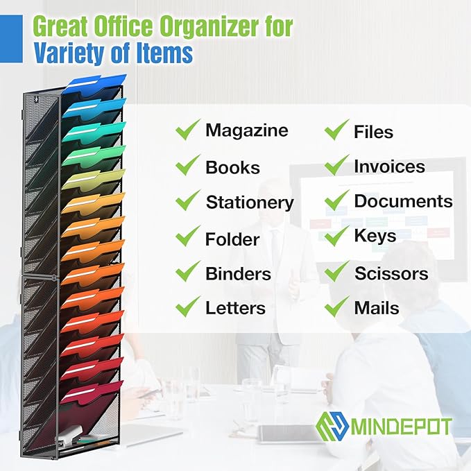 MINDEPOT 15 Tier Wall File Holder Hanging Wall File Organizer for Papers Mails Folders Document Magazine Organization, for Office School Home, Black