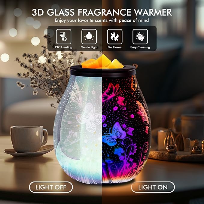 Electric Wax Melts Warmer with Timer-3D Wax Warmer with 7 Colors LED Light, Wax Burner for Scented Wax by PTC Heating, Removable Silicone Dish，Wax Melter for Home & Office Decor Gift (Butterfly-Timer)