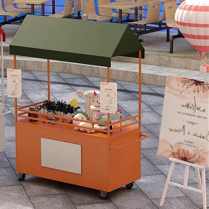 JKGHK Vending Iron Cart with Canopy, 4-Wheel Portable Mobile Dining Market Stall, Outdoor Dining Carts Market Stall, for Street Food, Handicrafts, Snacks(Red,100cm/39.3in)