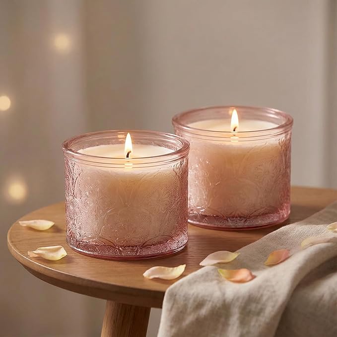 10 oz Embossed Glass Candle Container with Bamboo Lids and Labels,Pink Candle Jars for Making Candles,Mandala Design - Pack of 9