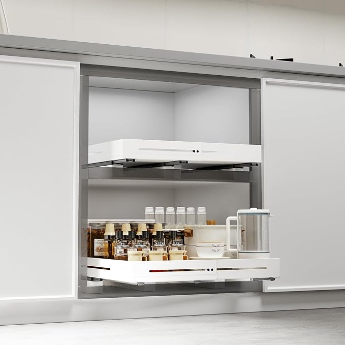 Pull Out Cabinet Organizer With Raising Pad for Framed Cabinets,Adjustable Depth(15.7"-24.4") And Width(12.8"-20.5"),Slide Out Drawers,No Drill Design,Heavy Duty Storing,White