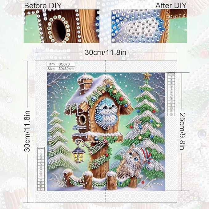 Diamond Painting Bird on Birdhouse with Cat and Christmas Tree, 5D DIY Special Shaped Diamond Art Kits for Adults, Crystal Rhinestones Holiday Winter Canvas, Christmas Home Wall Decor Crafts Gift
