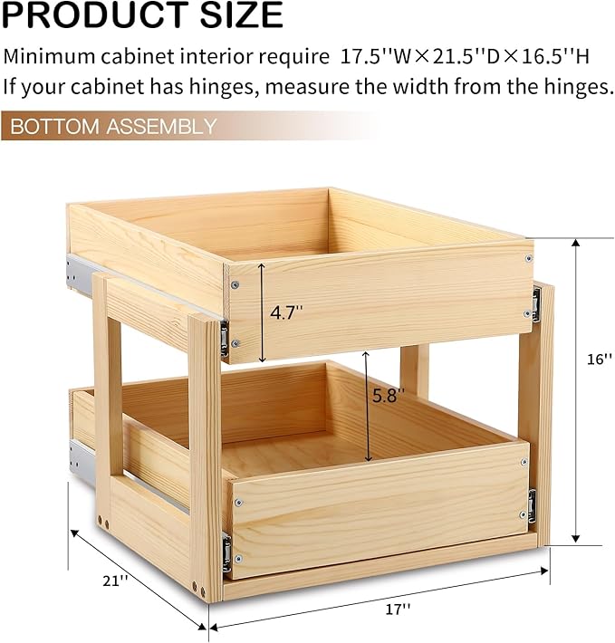 Mulush Pull Out Cabinet Organizer, 17''W×21''D×16''H Soft Close Slide Out Wood Drawer Shelves Storage for Kitchen, 2-Tier, Finished, Heavy-Duty, Bottom Assembly