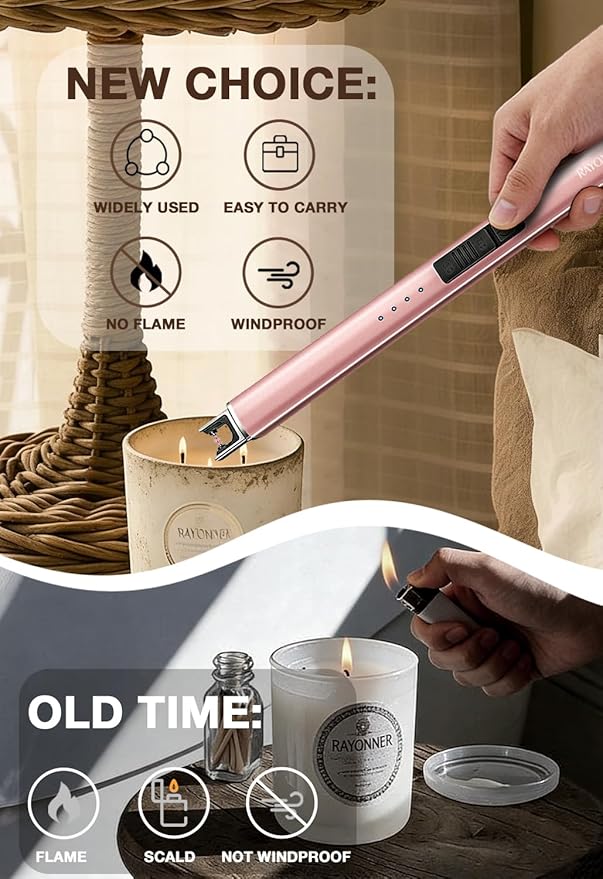RAYONNER Electric Candle Lighter - USB Rechargeable, Flameless Plasma, Windproof, Pocket Size for Candle, Cooking, BBQ, Firework (Rose Gold, 3 Pack)