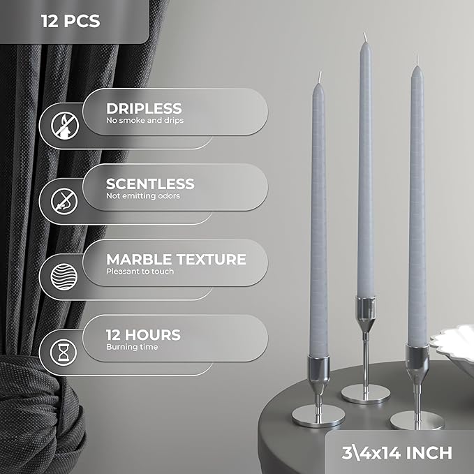 CANDWAX 14 icnh Tall Taper Candles - Dripless Long Burning Candlesticks - Set of 12 Gray Tapered Candles