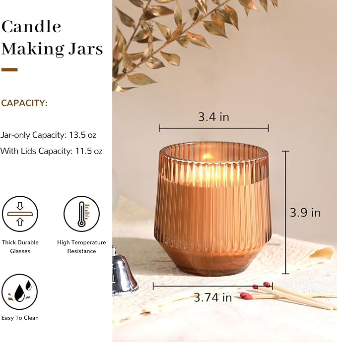 simeitol 13 OZ Candle Jars for Making Candles - 6 Pack Terracotta Ribbed Glass Candle Jars, Candle Making Jars, with Bamboo Lids and Candle Wick Kit, Candle Vessels Bulk for DIY