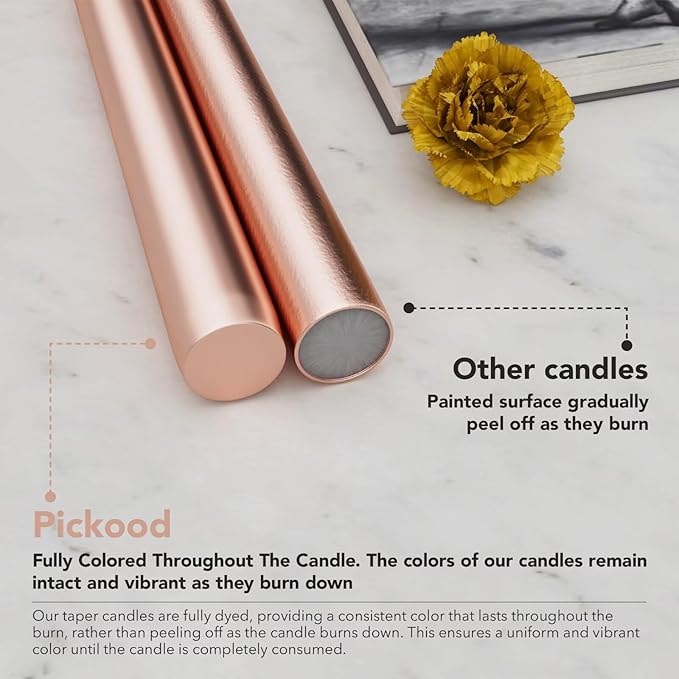 12-Inch Tall Dripless Taper Candles Set of 4 - Rose Gold Tapered Candles, Perfect for Spring - Smokeless, Unscented, Long Burning - Hand Poured, Colored Tall Candlesticks - Rose Gold