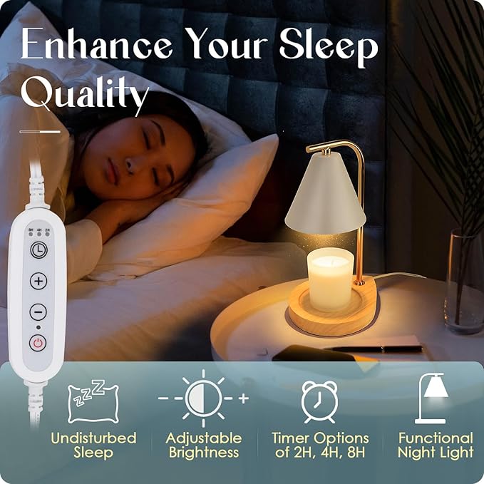 Aimoptg Candle Warmer Lamp with Retro Wooden Base - Home Decor Wax Melt for Small and Large Jar Candles, Candle Heater Lamp with 2 Bulbs, Dimmer and Timer Function-White