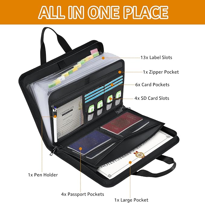 onvvippiv File Organizer Fireproof Expanding Accordion File Folder with Lock Zipper Labels13 Pockets Document Organizer Holder Storage Box Bag for Business Office Receipt Home Travel