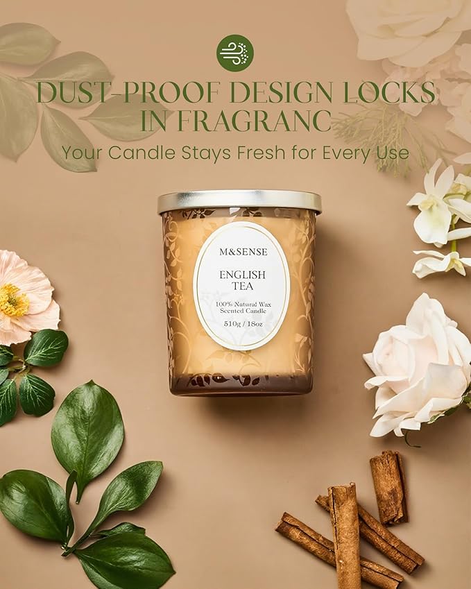 M&SENSE English Tea Soy Candle, Cracking Wooden Wick 18oz 100 Hours Long Lasting Clean Burn, Large Jar Winter Aromatherapy Candle for Home Decor, Non-Toxic Relaxing Gifts for Women
