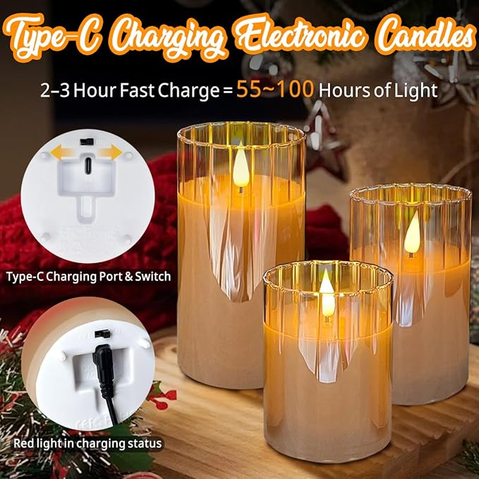 Rechargeable Flameless Candle, Flashing LED Pillar Real Wax Candle with Remote Control and Timer, Gold Stripes Glass Electronic Candles for Room Decoration, 1 Set of 3