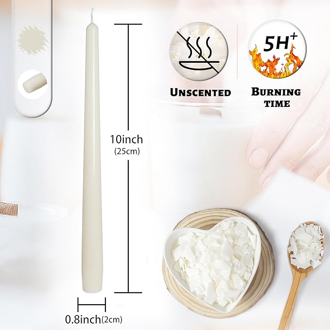 Smokeless Unscented Milk White Taper Candles 10 Inch Long Lasting Burn Taper Candlesticks Elegant for Home Wedding Decorations